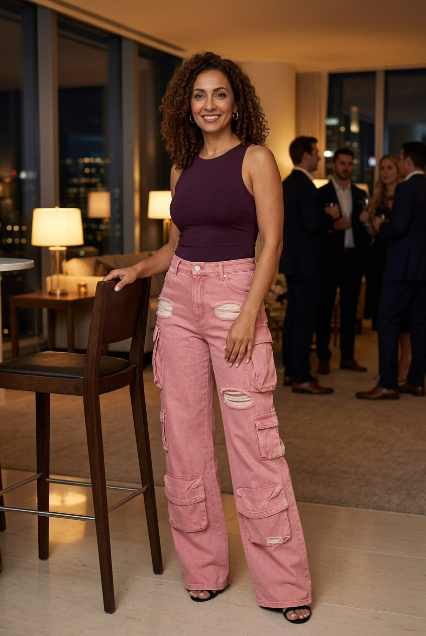 Middle Eastern model at a penthouse party in pink cargo jeans and black heels