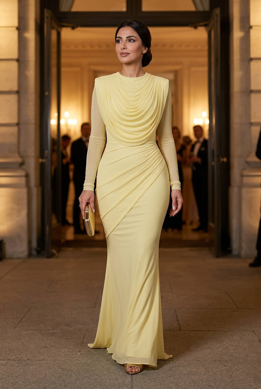 Middle Eastern model in the pale-yellow gown with gold heels at a ballroom entrance