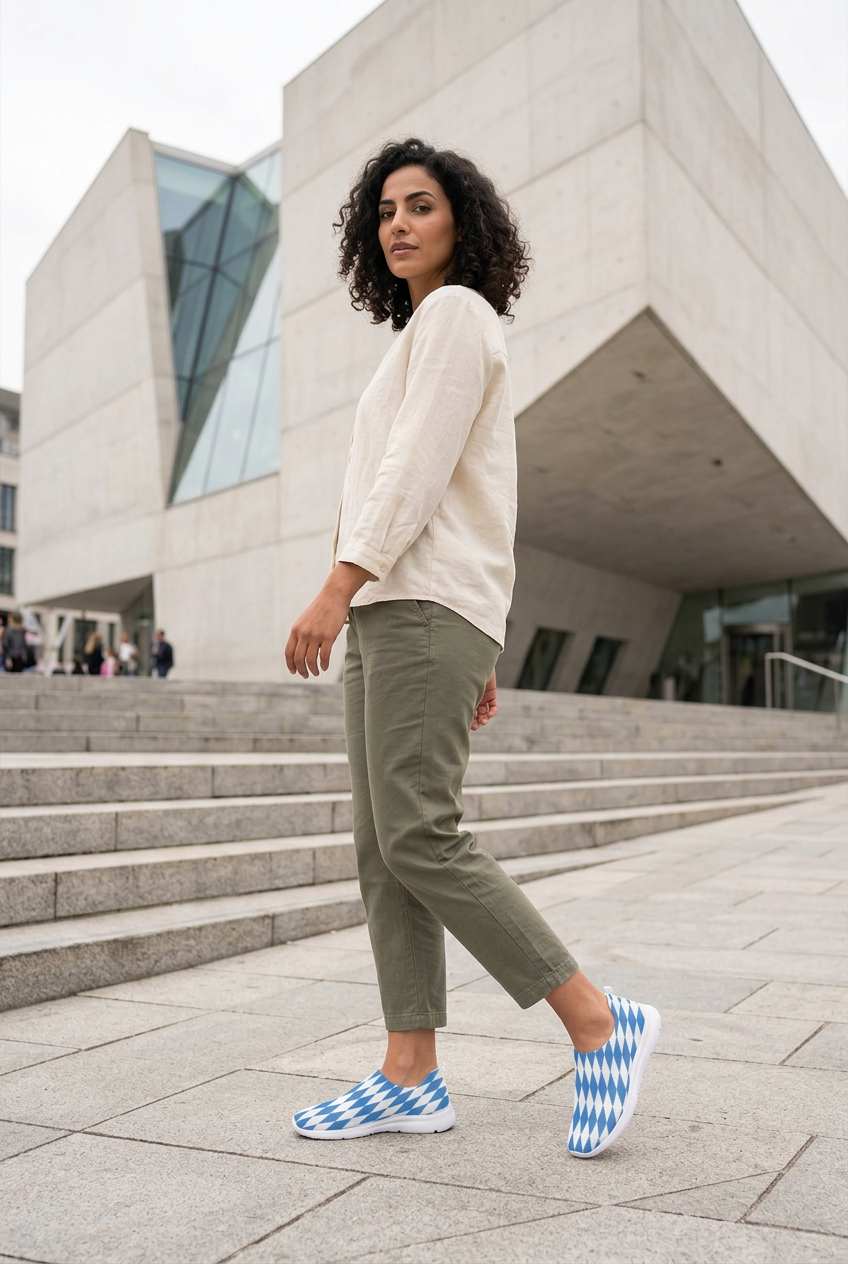 Middle Eastern model outside a modern art museum