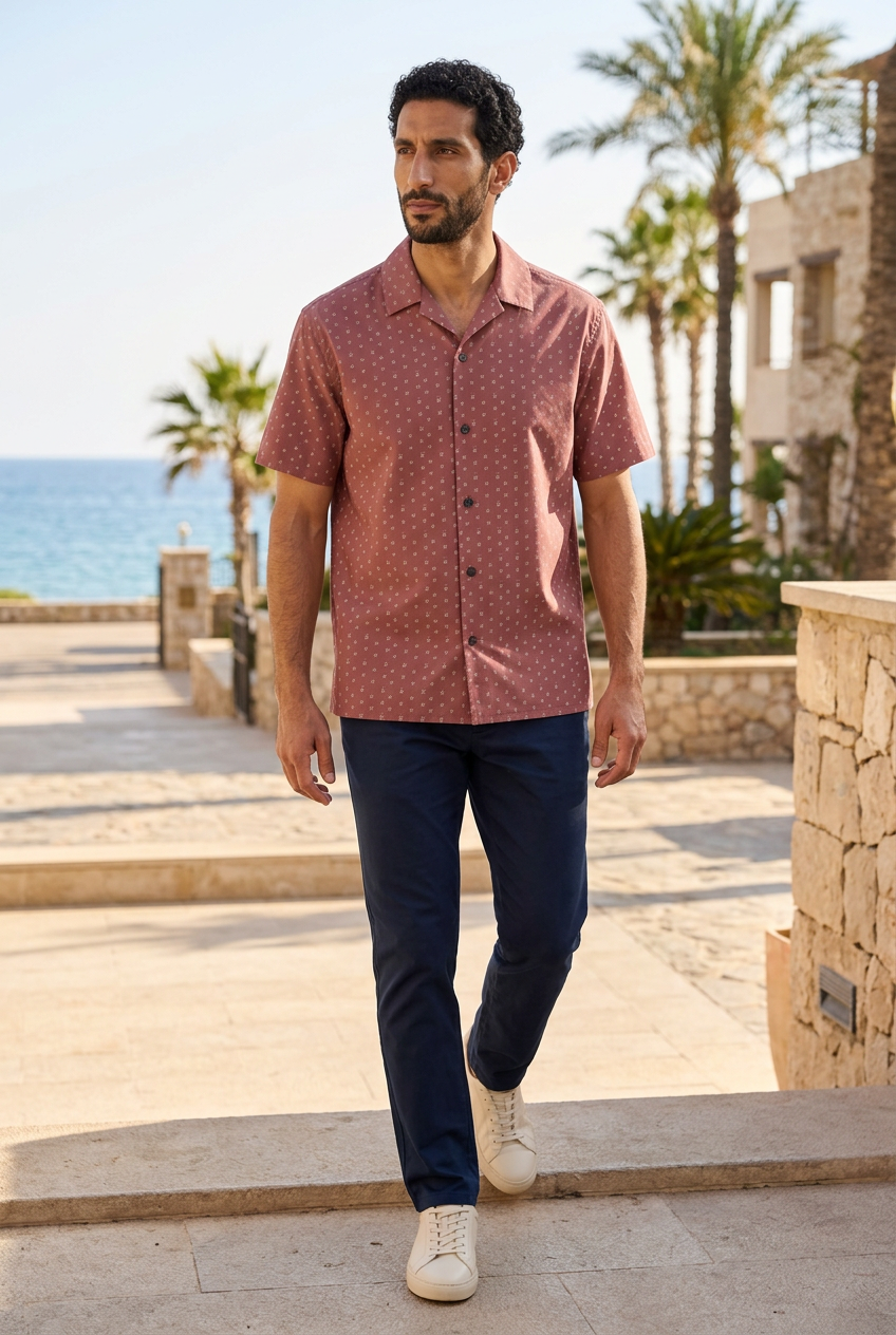 Middle Eastern model stepping toward a coastal hotel