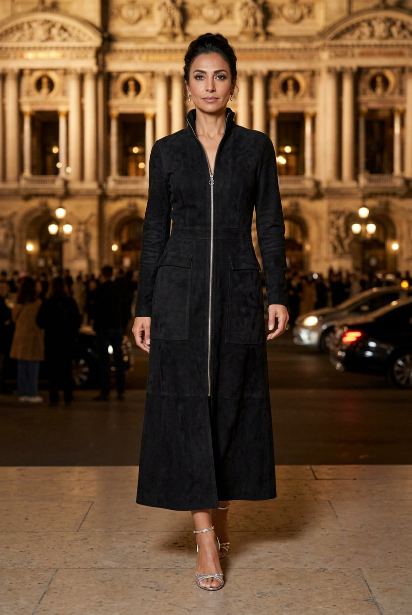 Middle Eastern model wearing the black suede dress with silver heels outside an opera house