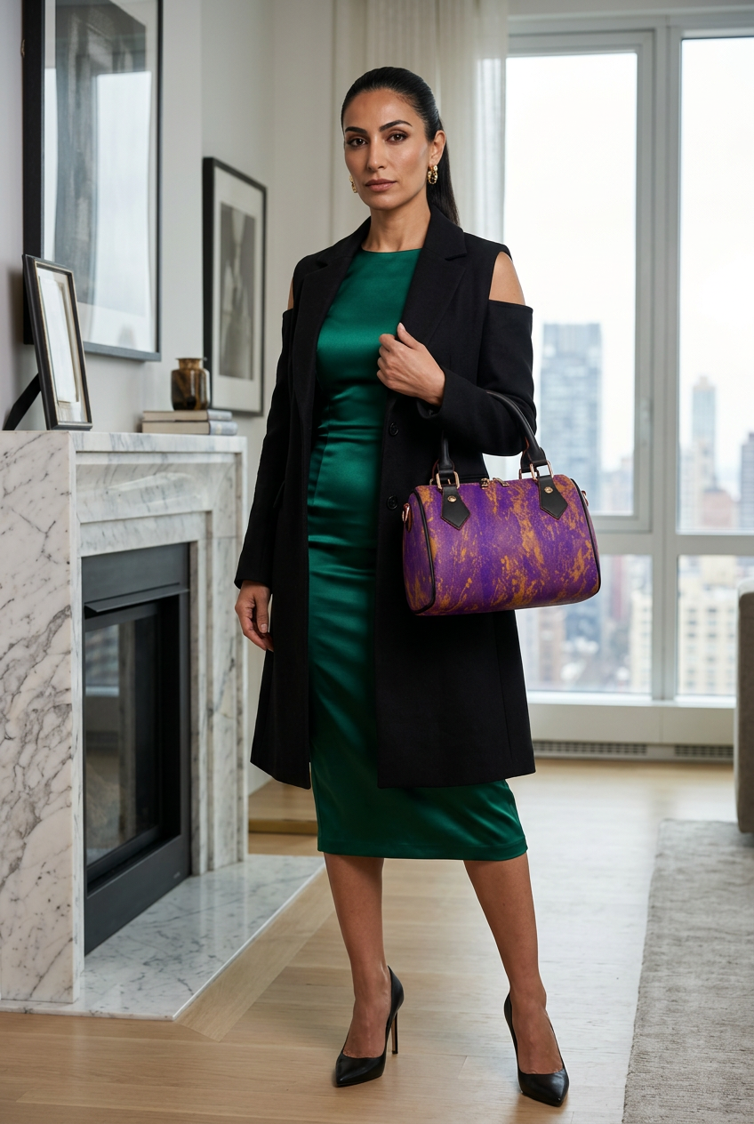 Middle Eastern woman in emerald satin carrying the black-trim bag in an elegant New York apartment