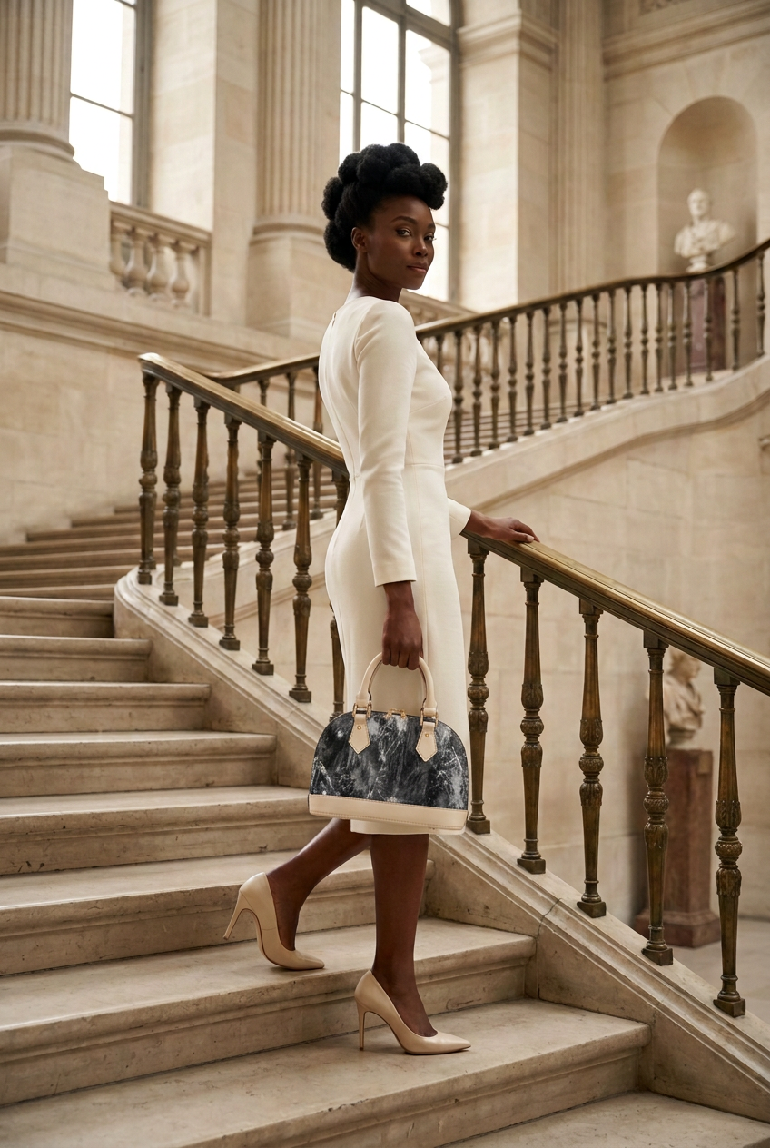Mini cream-trim handbag on museum staircase