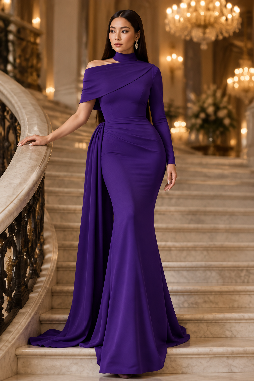 Model in the purple draped gown on a ballroom staircase