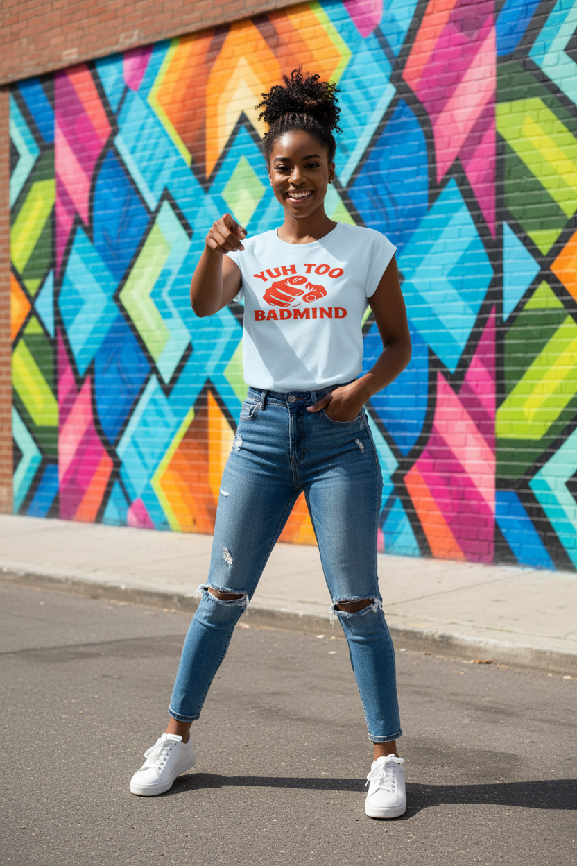 Model in urban mural setting