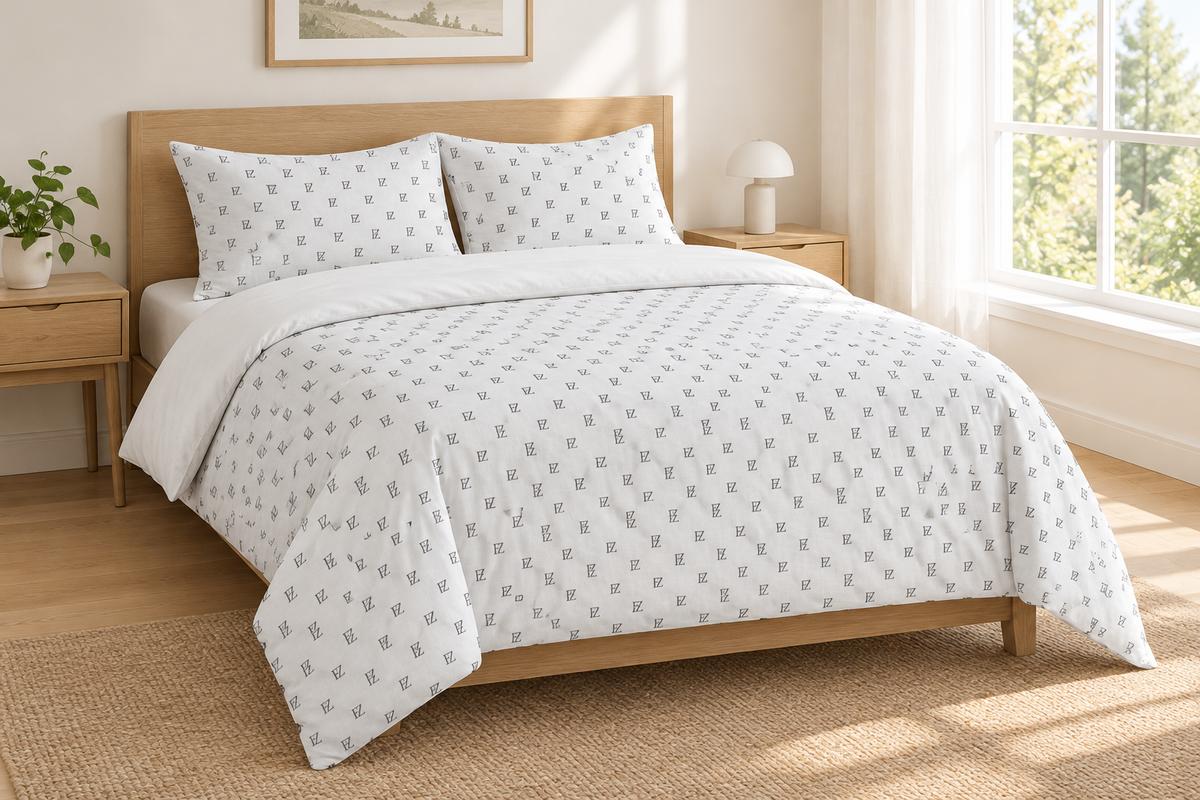 Monogram bedding set in a bright Scandinavian bedroom