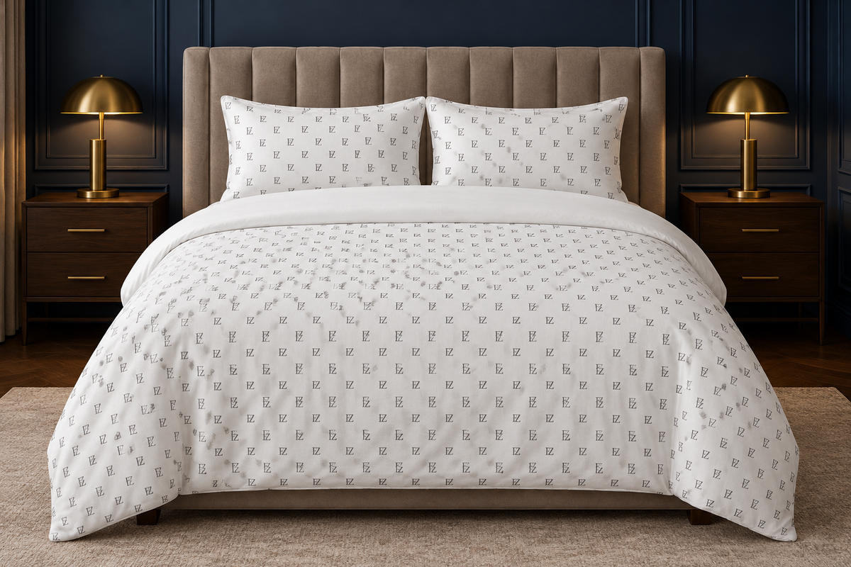Monogram bedding set in an elegant navy bedroom
