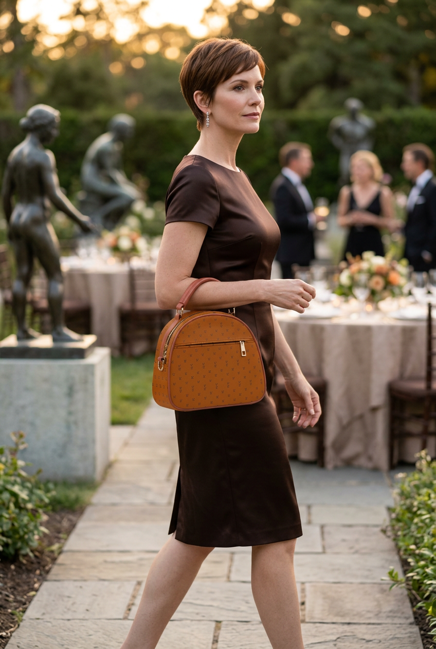 Orange-tan mini handbag at a sculpture-garden reception