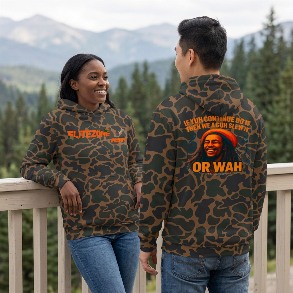 Patterned hoodie lifestyle image with woman showing the front and man showing the back on a mountain-town terrace