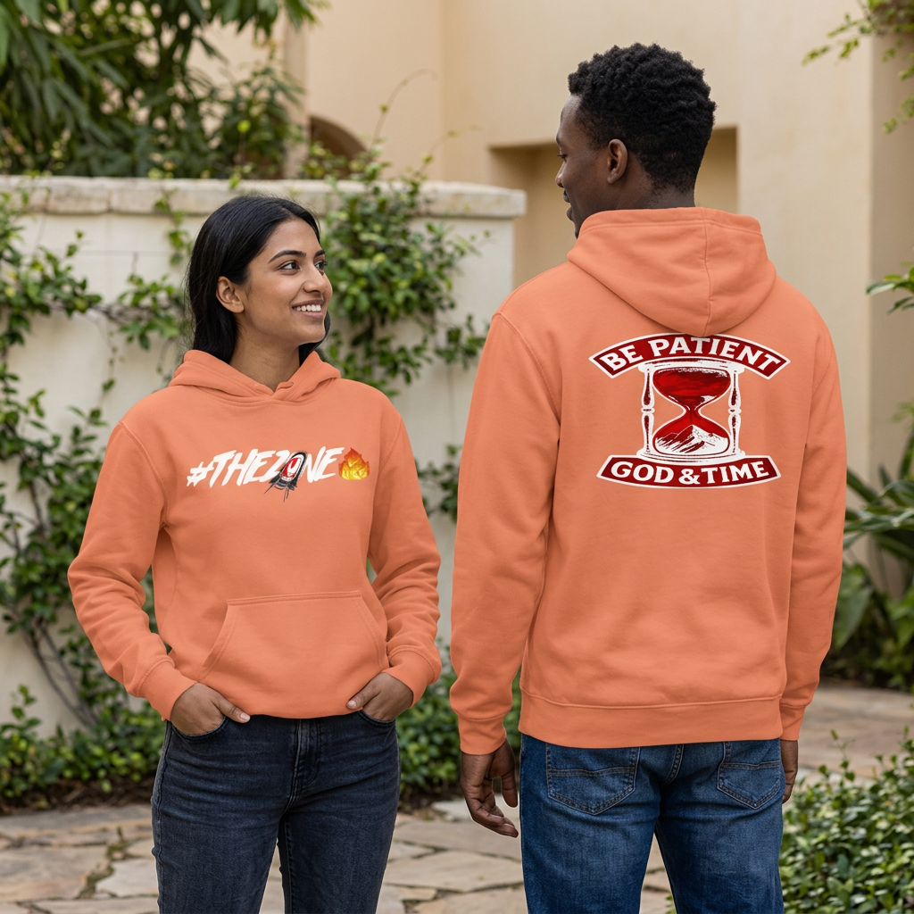 Peach hoodie outdoor lifestyle image with woman showing the front and man showing the back in a leafy courtyard