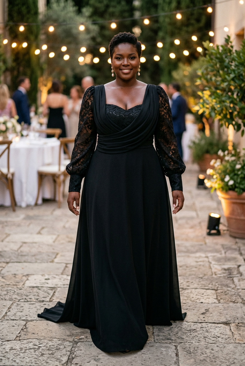 Plus-size Black model walking at an outdoor evening reception