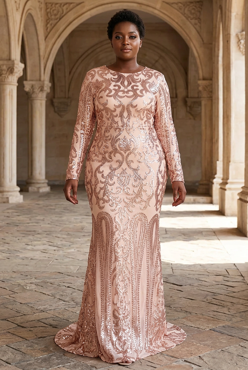 Plus-size Black model walking through a palace courtyard