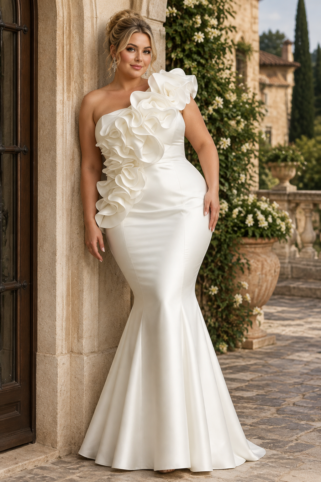 Plus-size blonde model leaning in a villa doorway in the ivory ruffle gown