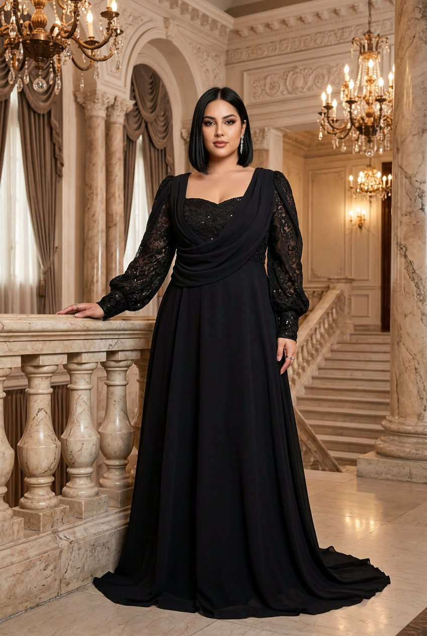 Plus-size East Asian model beside a marble balustrade in an opera foyer
