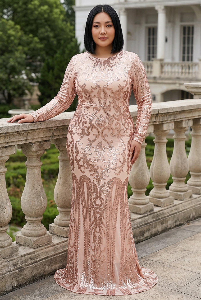 Plus-size East Asian model beside an opera garden balustrade
