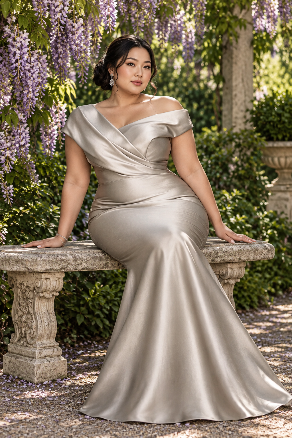 Plus-size East Asian model seated on a garden bench under wisteria in the champagne satin gown