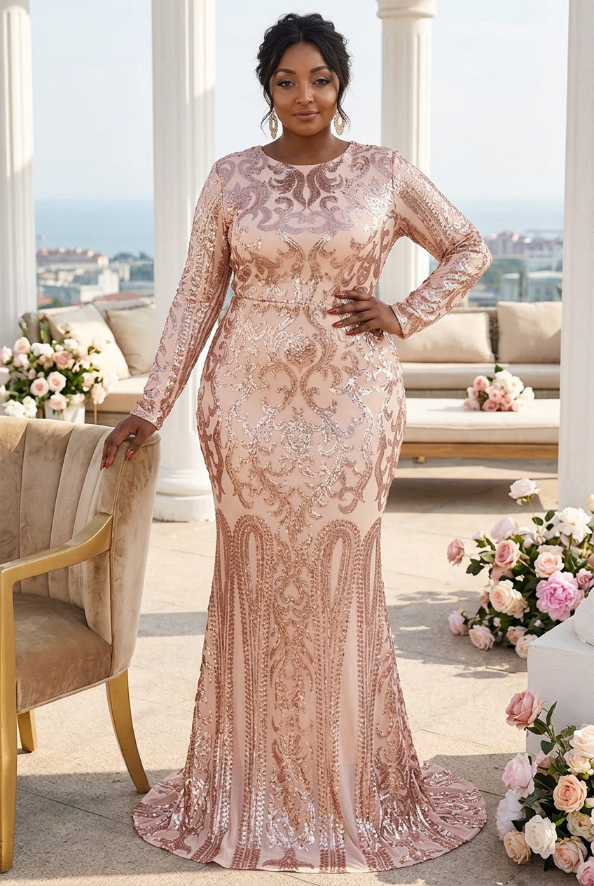 Plus-size Middle Eastern model in a rooftop wedding lounge