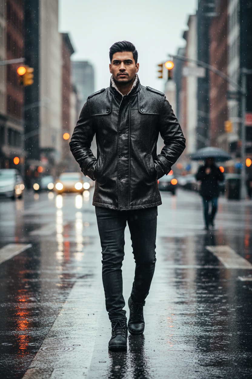 Rainy street crossing, collar up