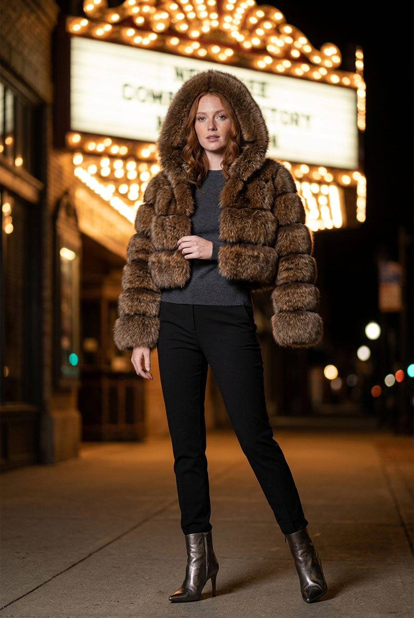Red-haired model outside an evening theater
