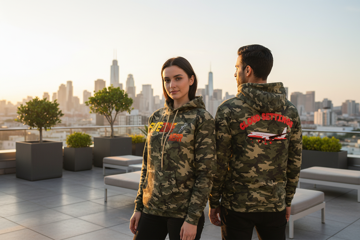 Rooftop lifestyle image showing the hoodie front and back