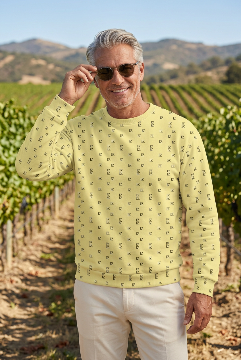 Silver-haired Mediterranean man adjusting sunglasses in a vineyard