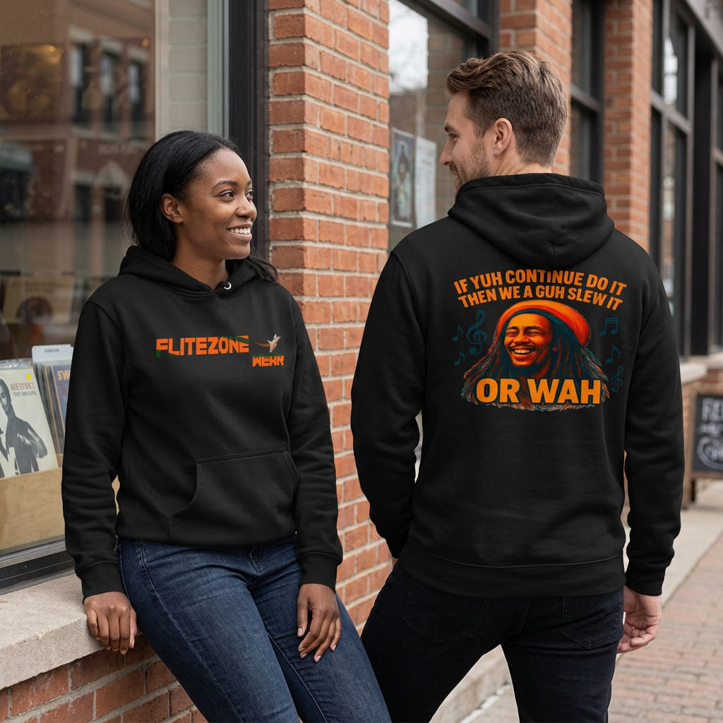 Solid black hoodie lifestyle image with woman showing the front and man showing the back outside a record shop