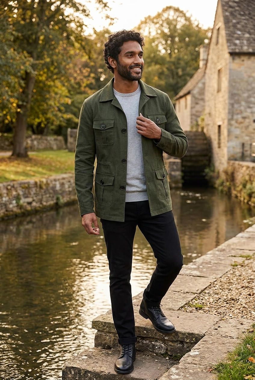 South Asian male model wearing the army-green cargo jacket on a countryside mill terrace