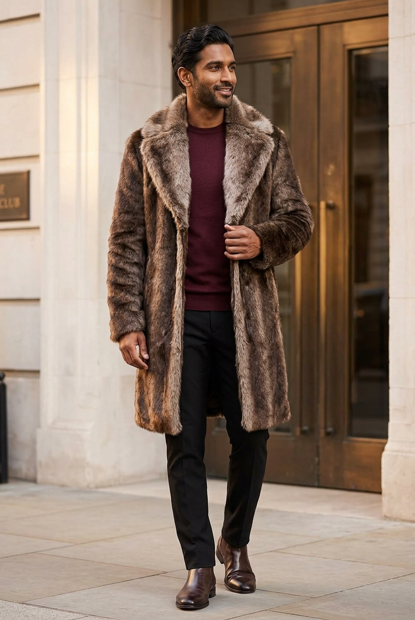 South Asian male model wearing the brown knee-length coat outside a members’ club