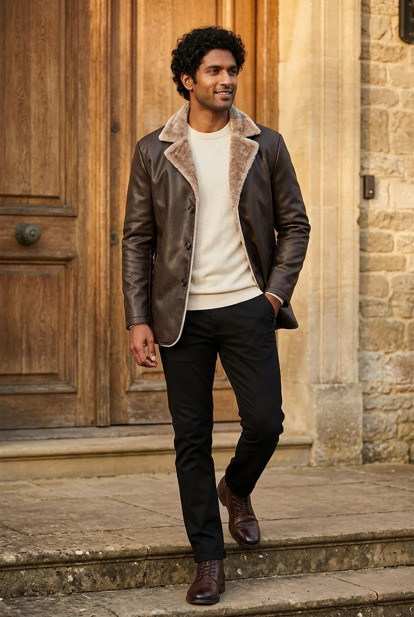 South Asian male model wearing the dark-brown plush-collar PU jacket outside a countryside hotel