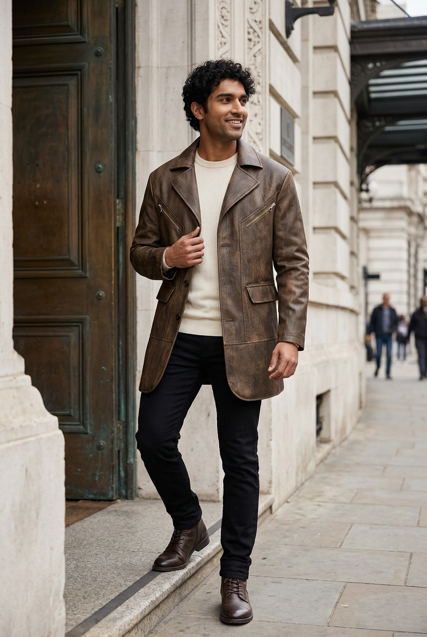 South Asian male model wearing the distressed brown coat outside a historic railway hotel