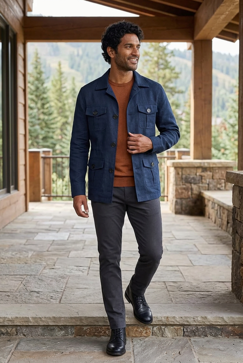South Asian male model wearing the navy cargo jacket on a mountain retreat veranda