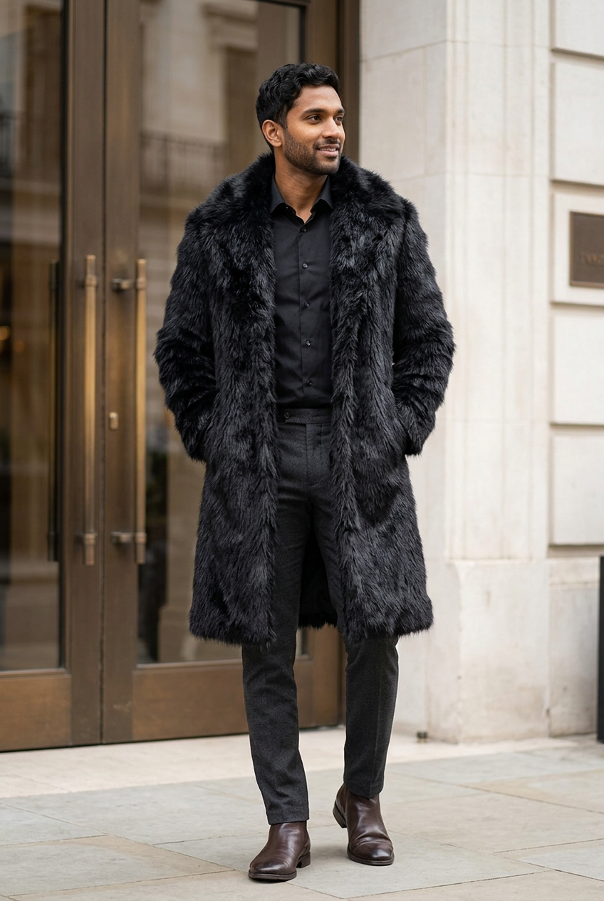 South Asian male model wearing the slim knee-length black coat outside a boutique hotel