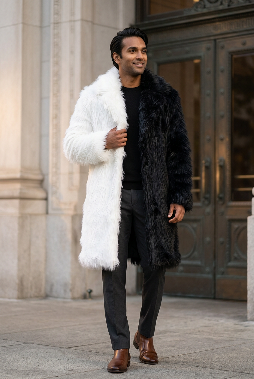 South Asian male model wearing the split black-and-white coat outside an opera house