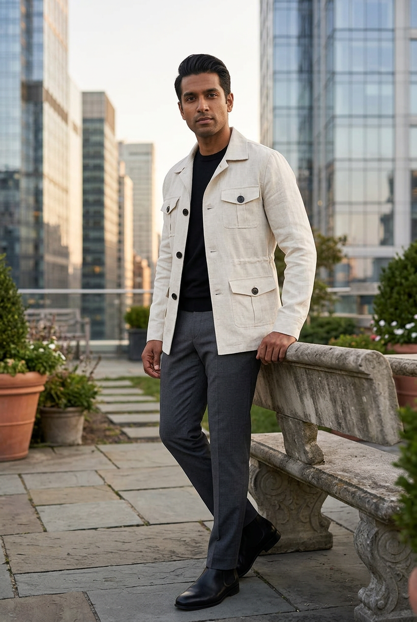 South Asian male model wearing the white cargo jacket on a rooftop garden terrace
