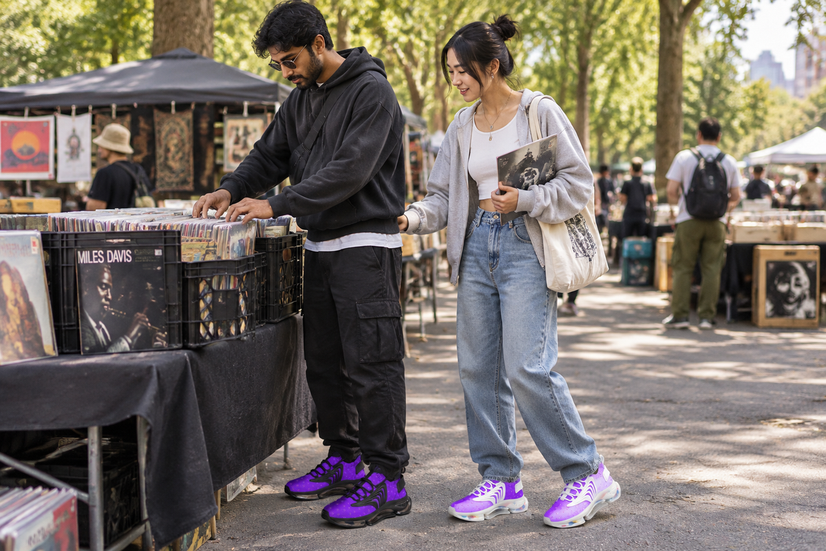 South Asian man and East Asian woman at a flea-market vinyl stall in the purple Z-logo sneakers