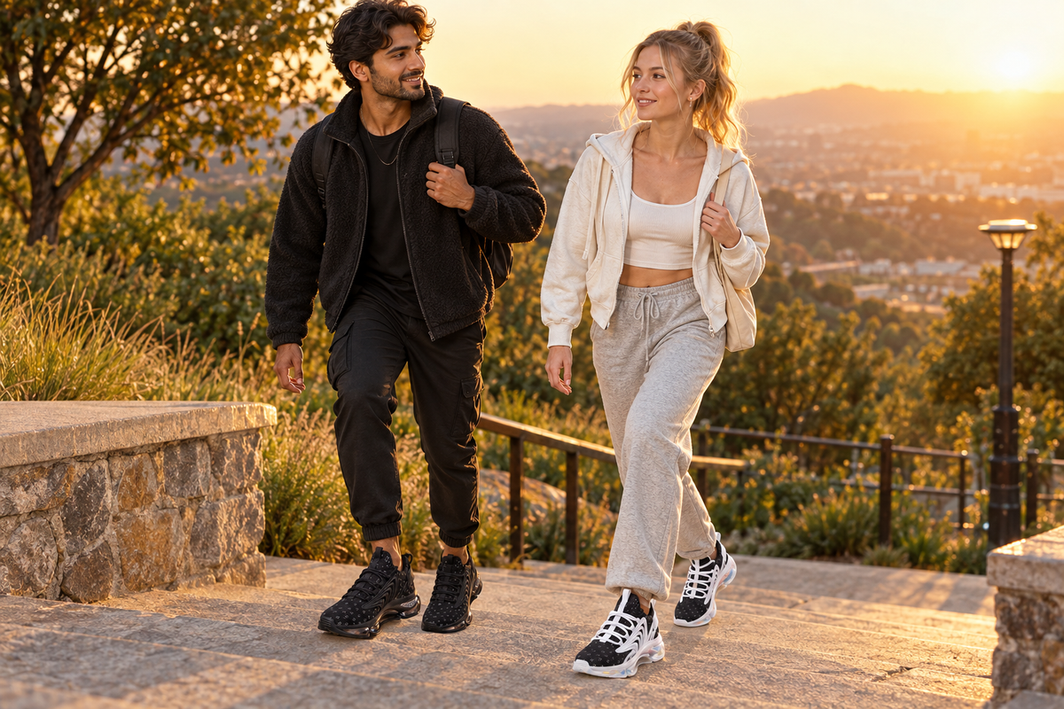 South Asian man and white woman on hillside park steps at golden hour in the black Z-logo sneakers