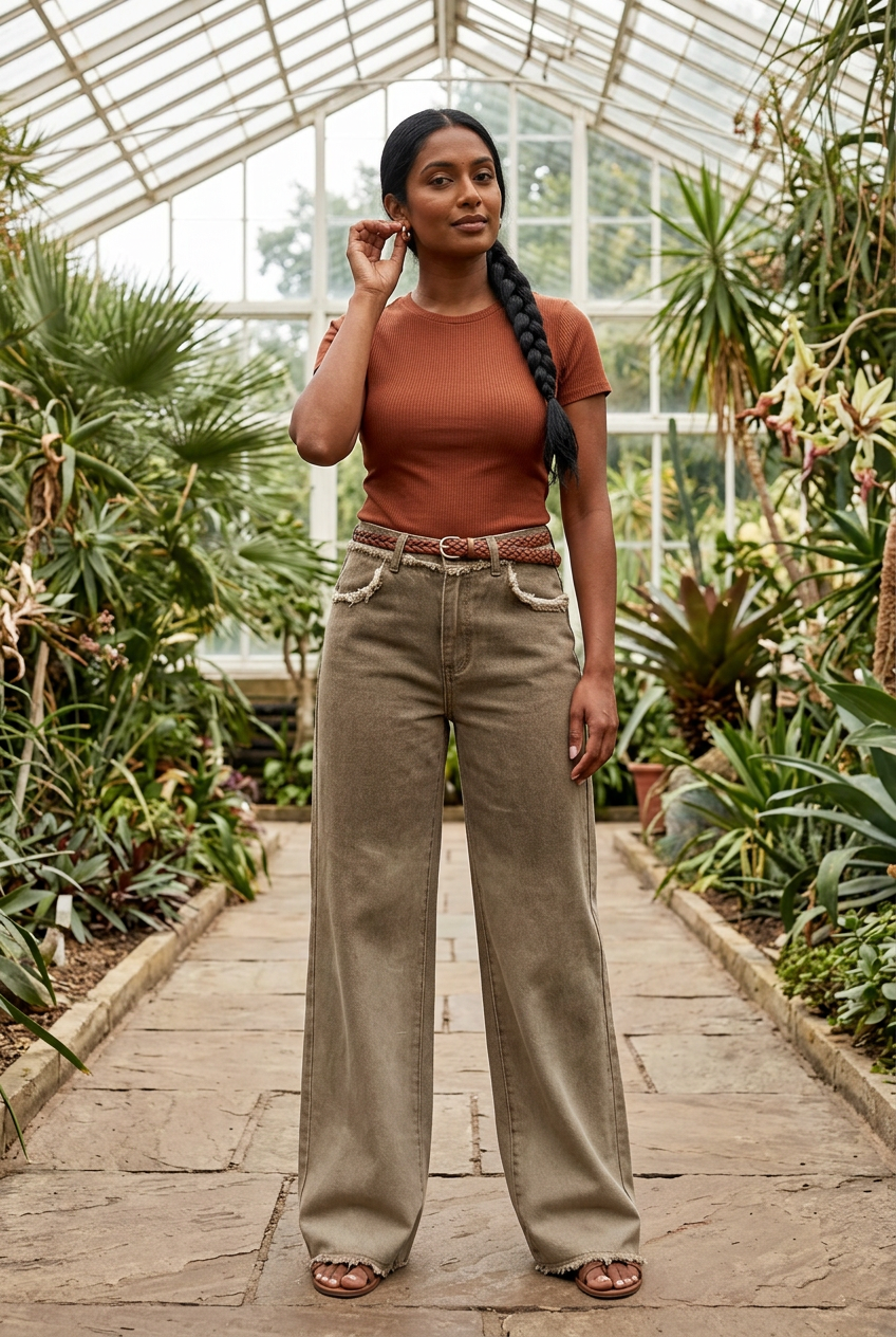 South Asian model adjusting an earring in a botanical conservatory