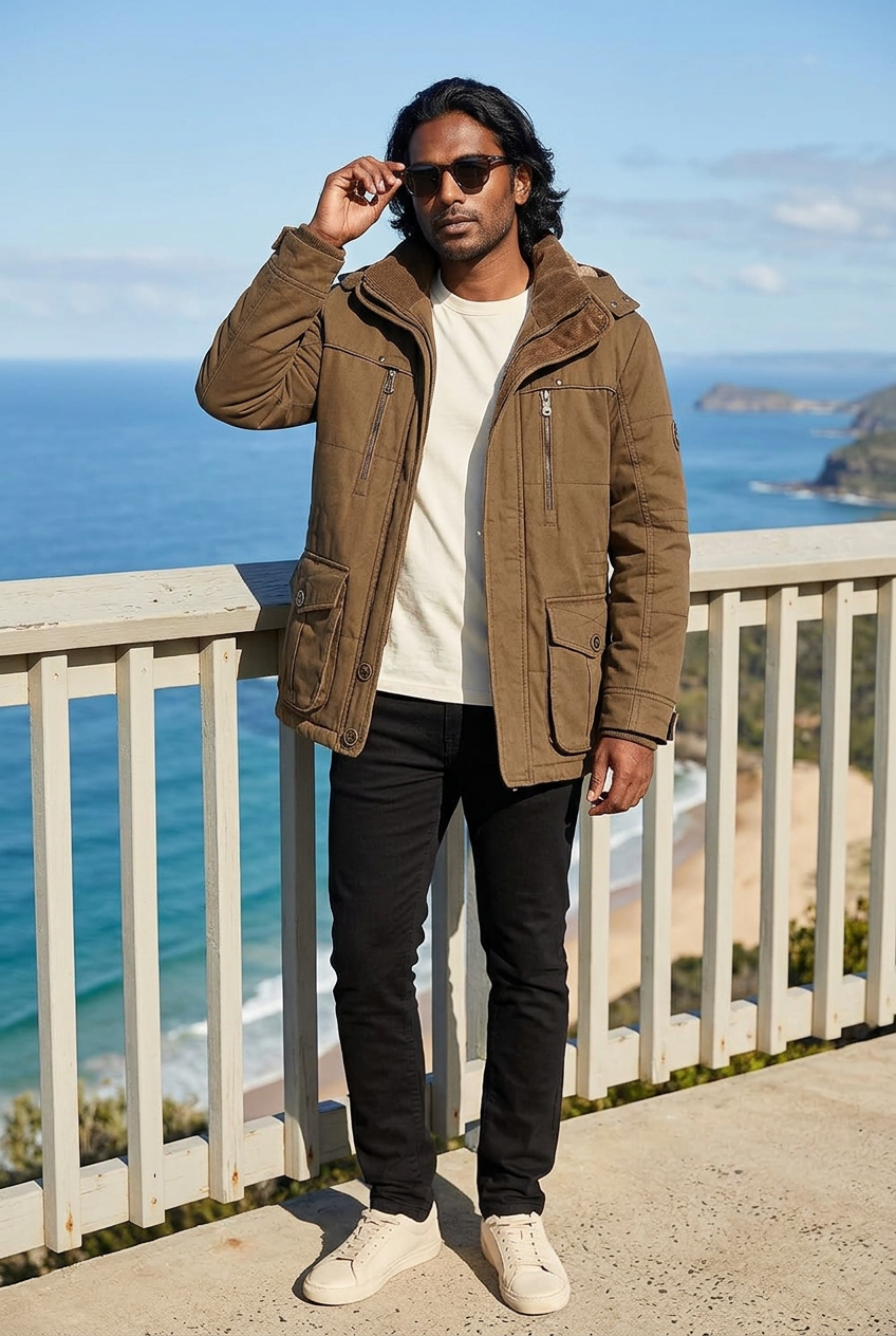 South Asian model at a coastal lookout with the hood down
