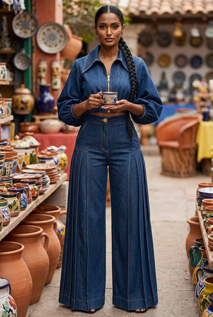 South Asian model browsing an outdoor ceramics market