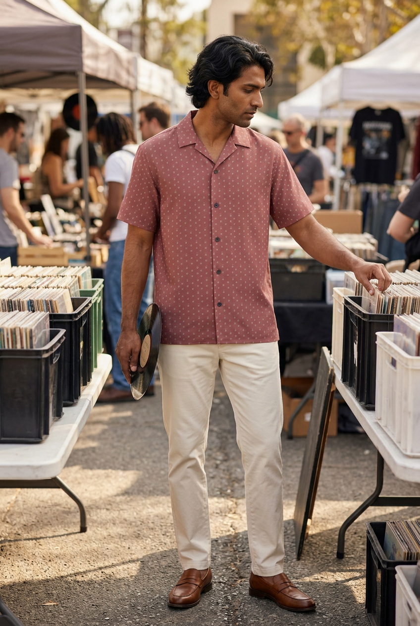 South Asian model browsing an outdoor vinyl market