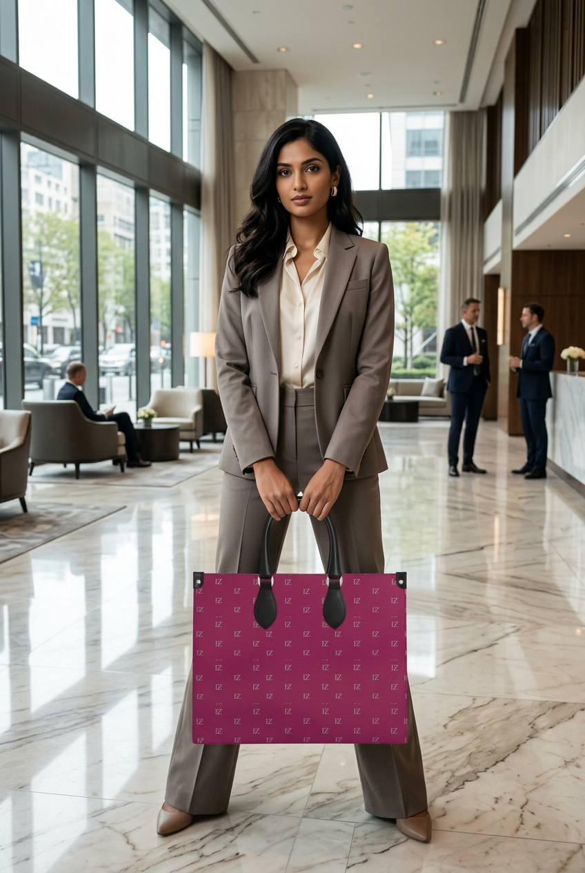 South Asian model holding the jumbo bag in a marble hotel lobby