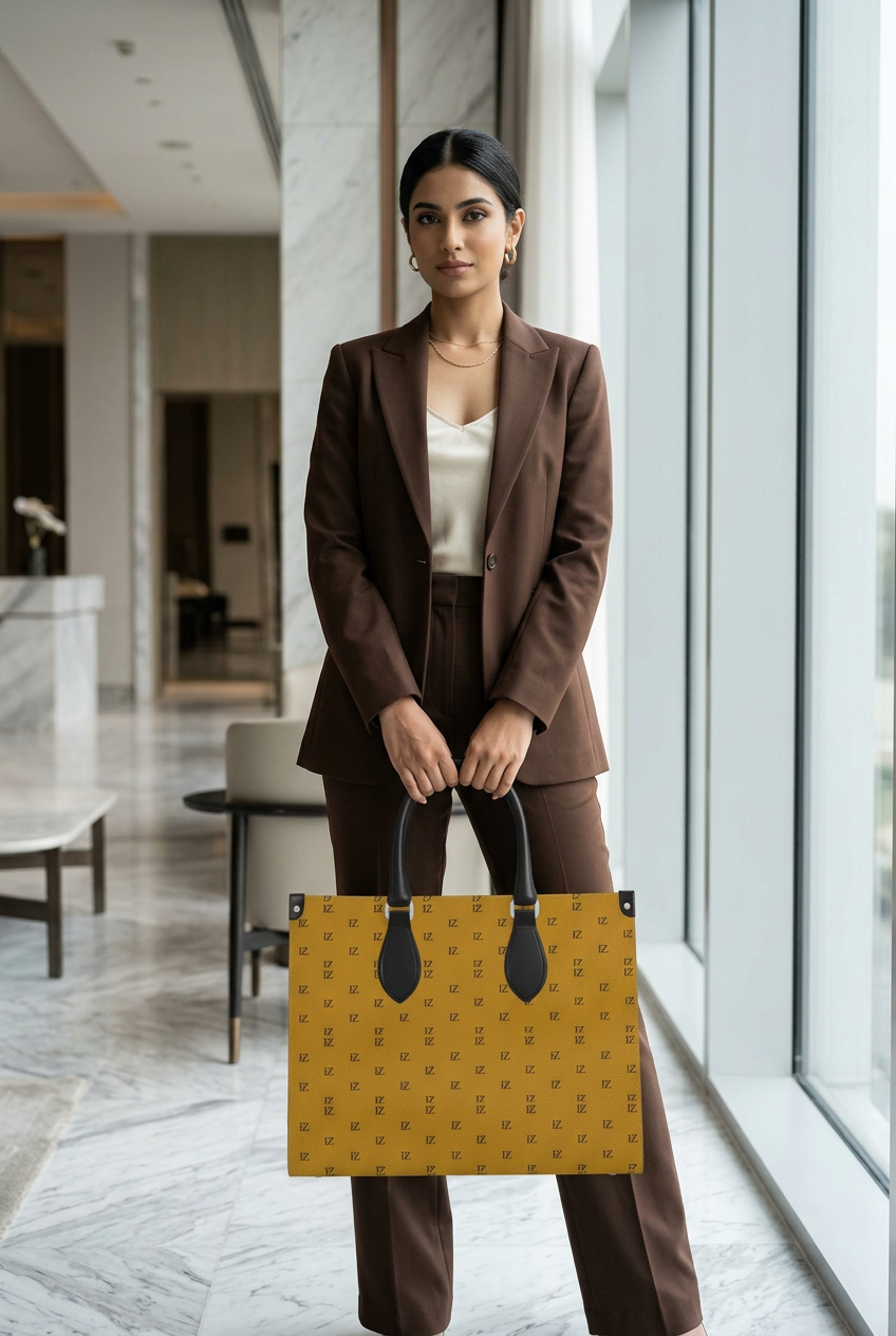 South Asian model holding the jumbo handbag in a contemporary hotel lobby
