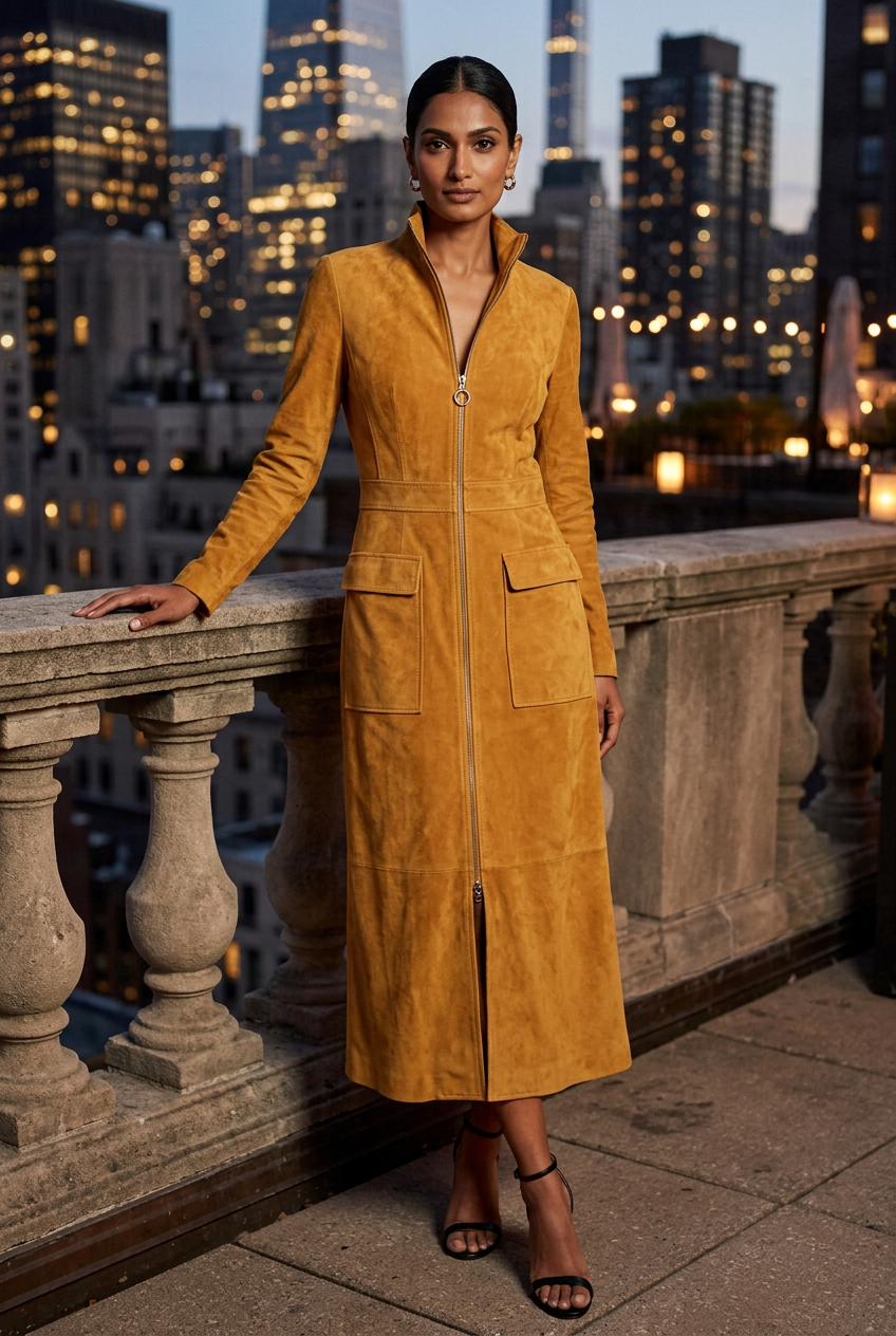 South Asian model in the mustard suede dress with black heels at a rooftop bar