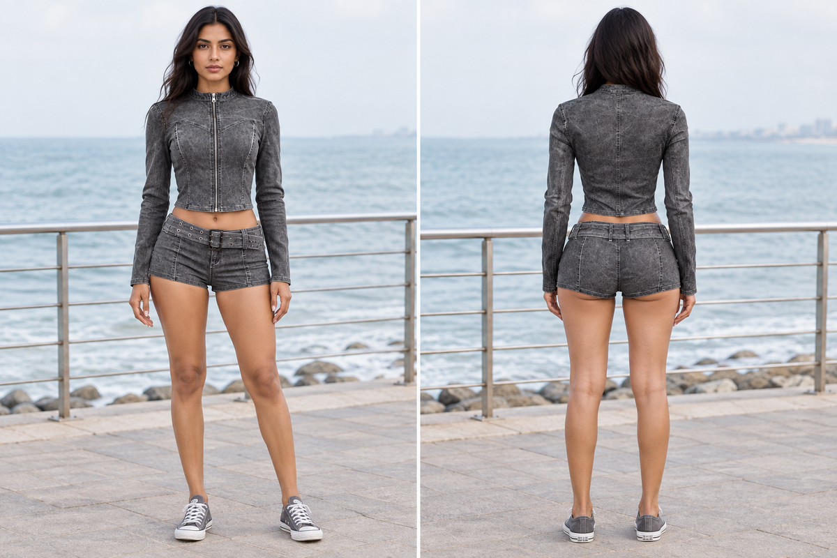 South Asian model on a seaside promenade, front and back views