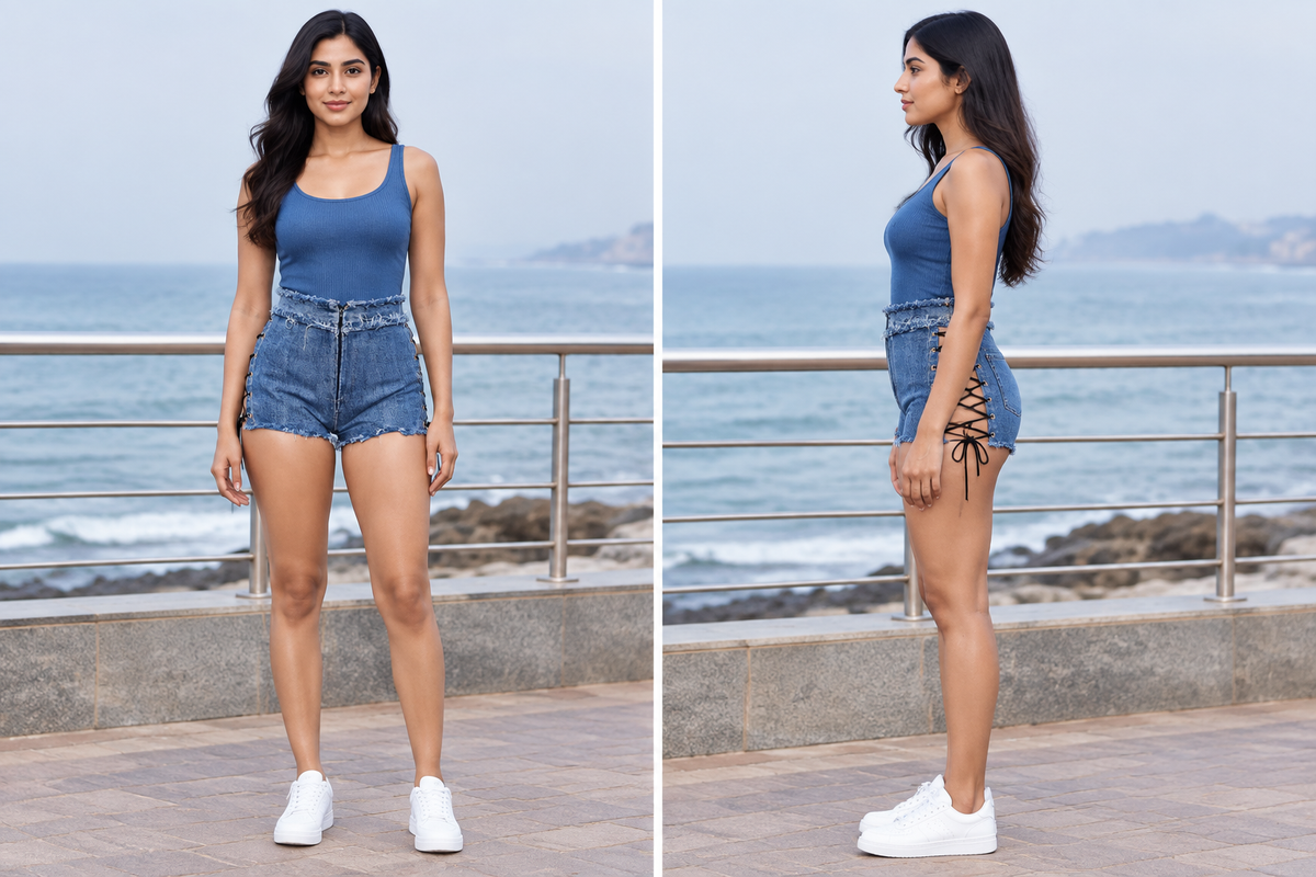 South Asian model on a seaside promenade, front and side views