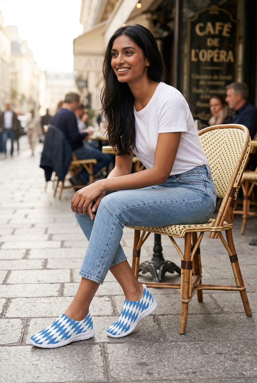 South Asian model seated at an outdoor café