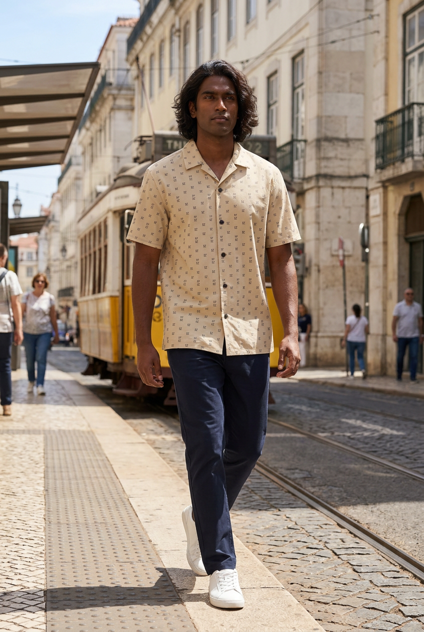 South Asian model stepping off a tram platform