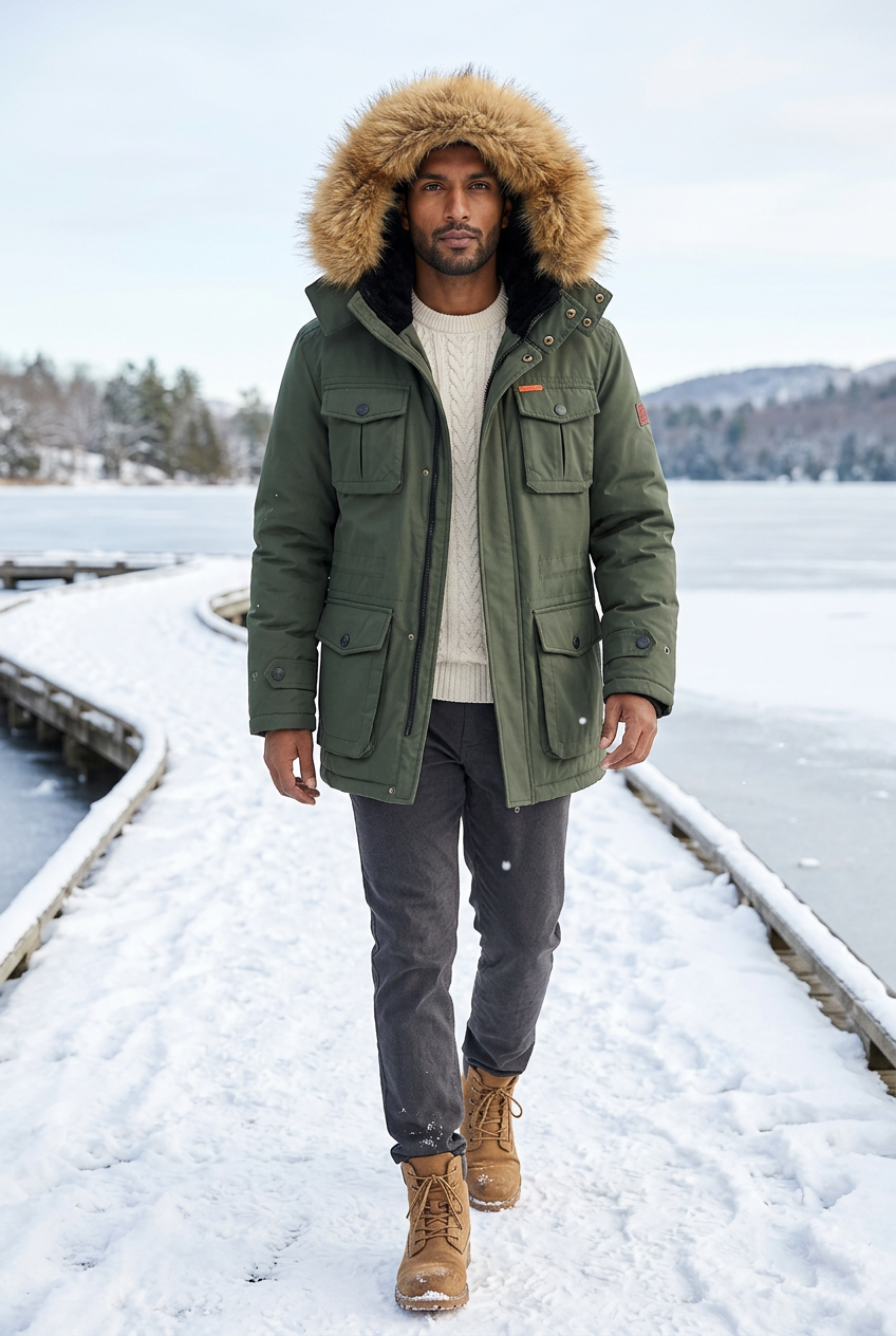 South Asian model walking along a snowy lakeside boardwalk with the hood up