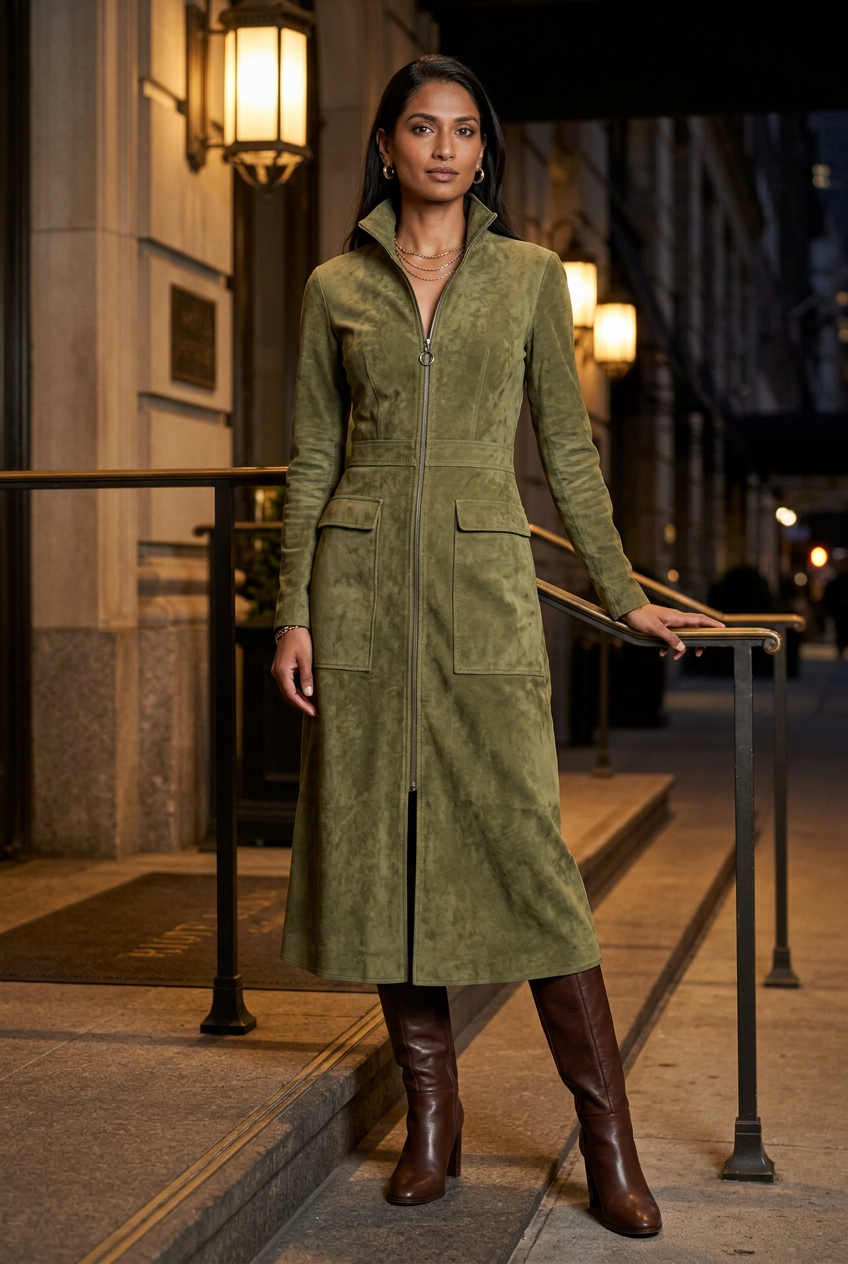 South Asian model wearing the olive suede dress with chocolate knee-high boots at a hotel entrance
