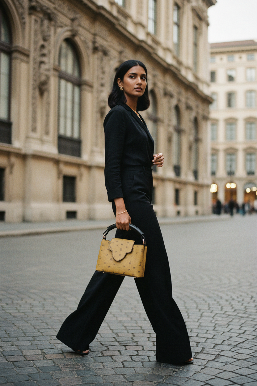 South Asian woman with mustard FZ monogram handbag, architecture background